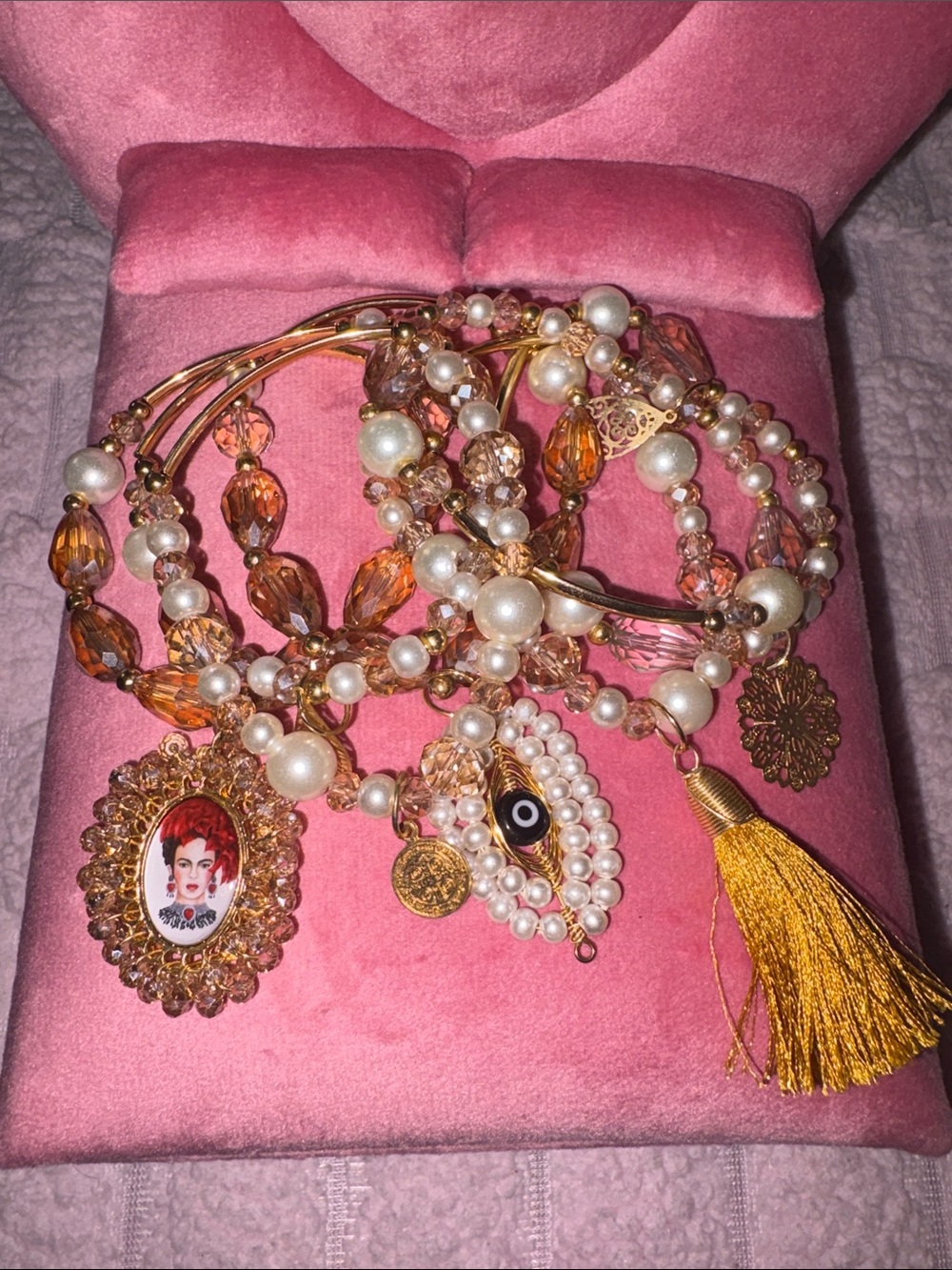 Gold and Amber Pearl Charm Bracelet Set - Women Jewelry